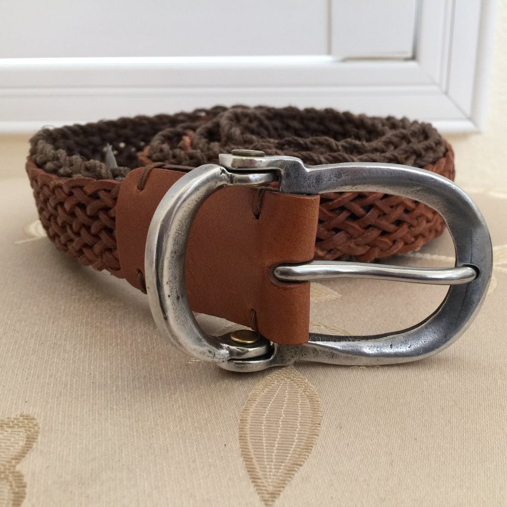 JOHN VARVATOS Mens ITALY Leather Braided Belt Silver Buckle Lt. Brown Sz 38 NEW